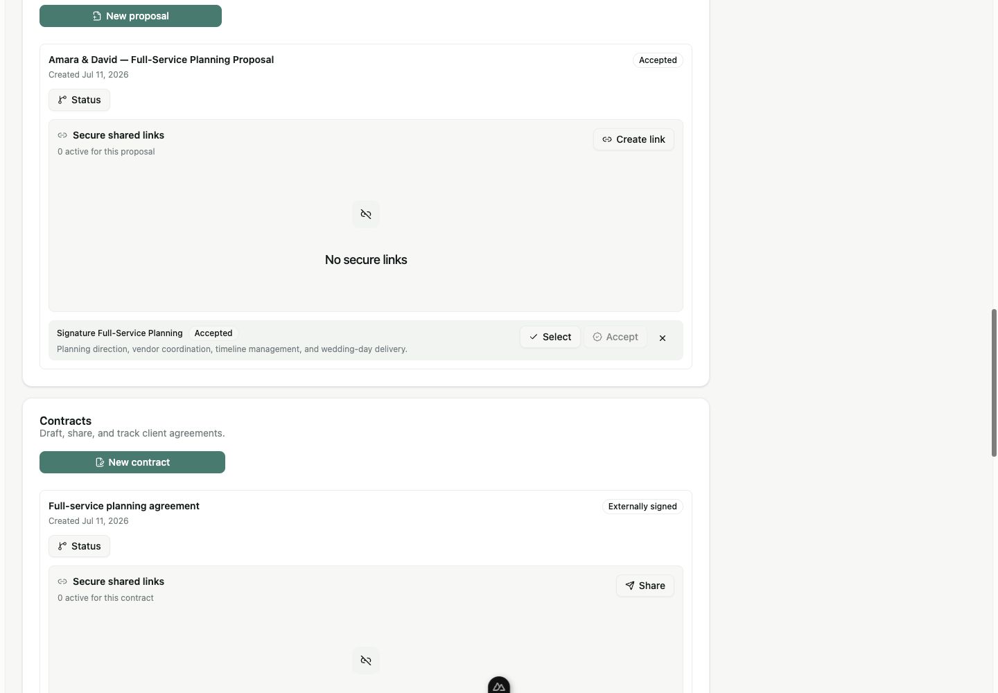 Linkvoy lead booking record showing an accepted proposal and externally signed contract evidence.