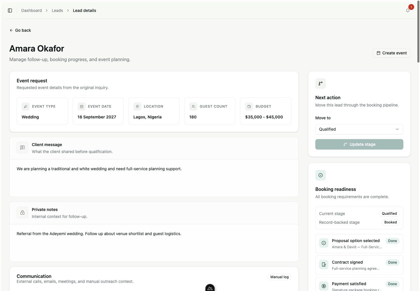 Linkvoy lead record showing completed proposal, contract, and payment requirements with a booked recommendation.