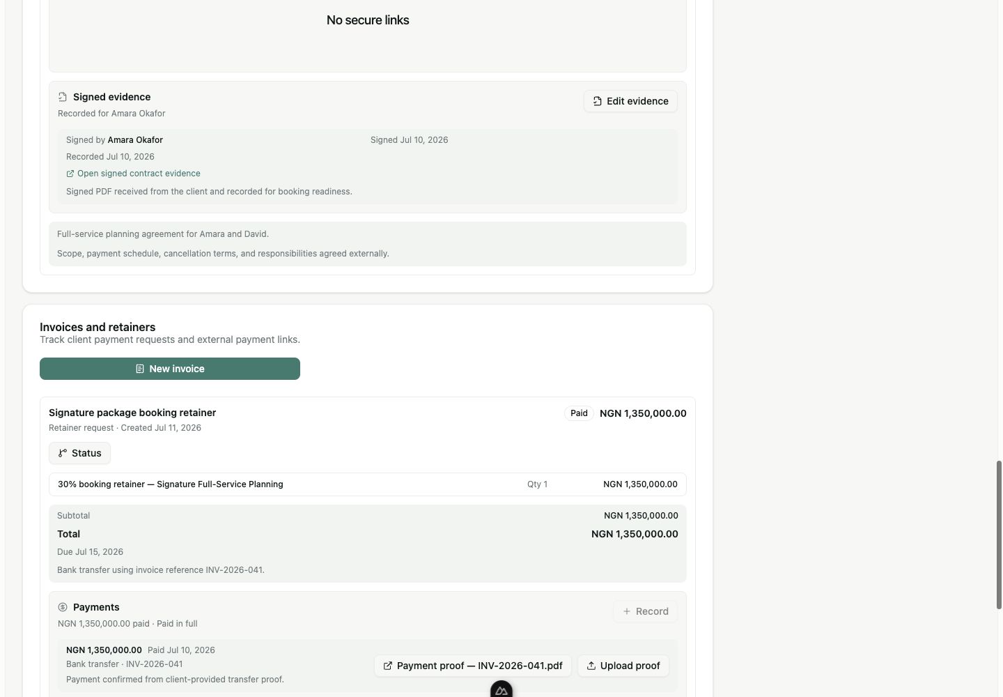 Linkvoy paid booking retainer with external payment instructions, a manual payment record, and attached proof.