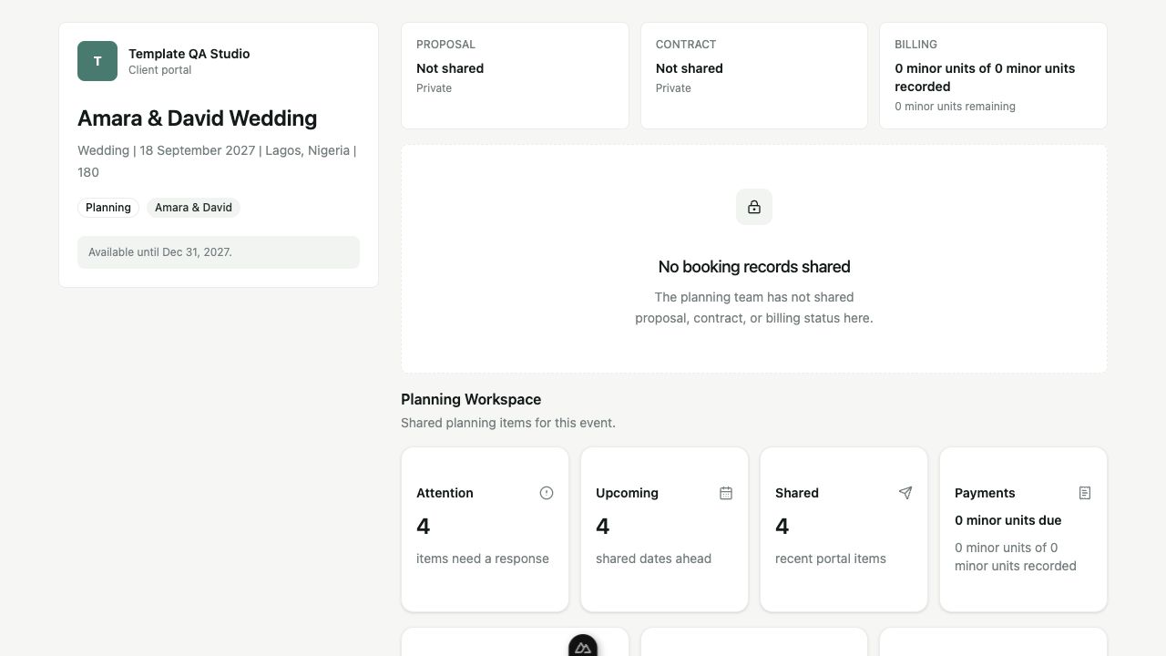 Linkvoy client portal showing an event summary, private booking status, shared planning attention, upcoming dates, and recent items.