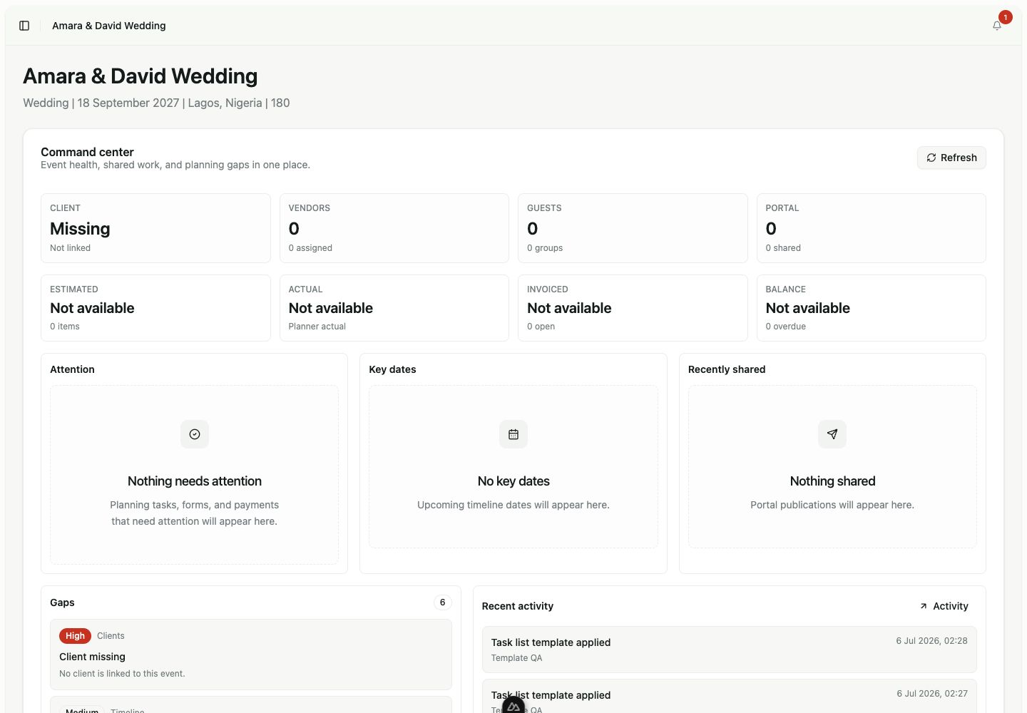 Linkvoy event command center showing wedding health, attention signals, planning gaps, key dates, and recent activity.