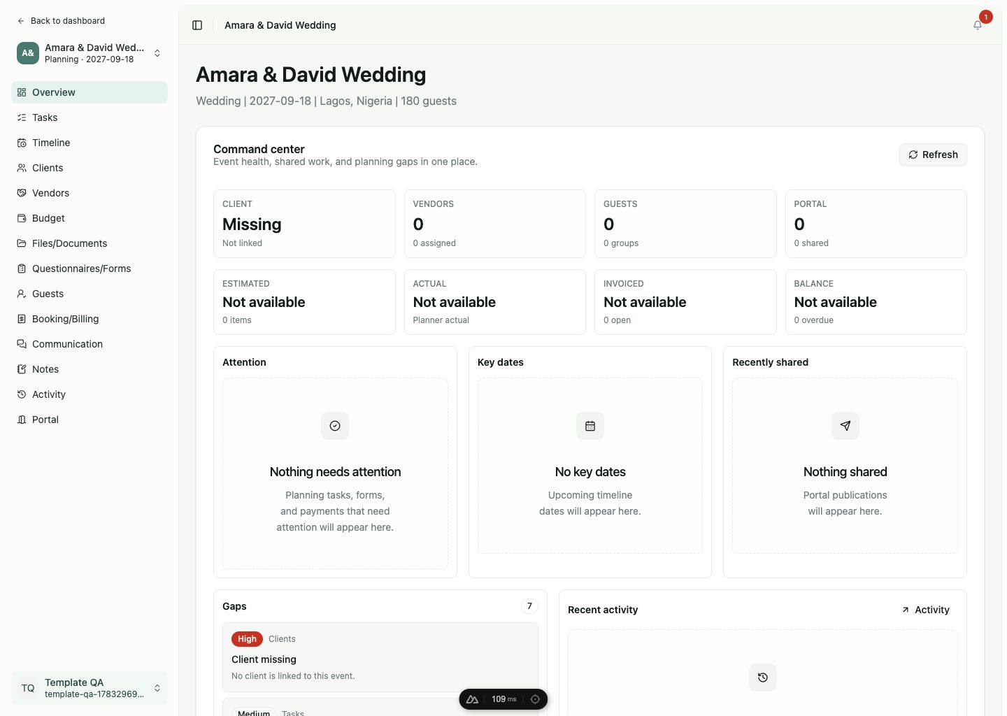 Linkvoy event workspace for Amara and David's wedding showing the event command center, planning areas, attention signals, and recent activity.